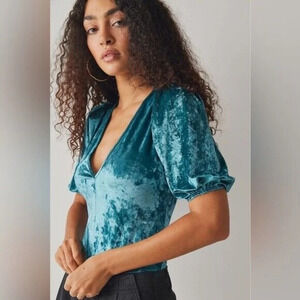 Free People intimately turquoise bodysuit deep V-neck 3/4 puff sleeve velvet S